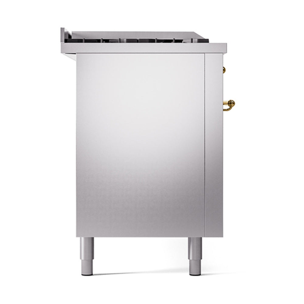 Stainless steel oven with brass-trim handle accents and flat top panel