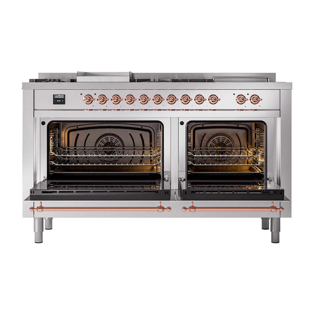 Dual oven doors open to show interior racks and burners with copper gas lines