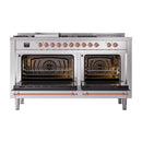 ILVE 60-Inch Nostalgie II Noblesse Natural Gas Dual Fuel Range with 7 Sealed Burners, Gridlde, French Top, and Solid Door Oven in Stainless Steel with Copper Trim (UN60FSQNMPSSP)