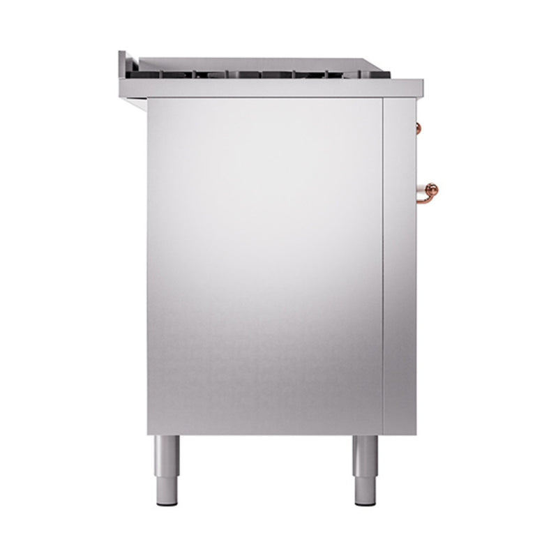 ILVE 60-Inch Nostalgie II Noblesse Dual Fuel Range with 7 Sealed Burners, Gridlde, French Top, and Solid Door Oven in Stainless Steel with Copper Trim (UN60FSQNMPSSP)