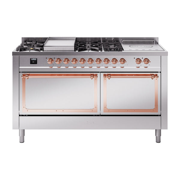 ILVE 60-Inch Nostalgie II Noblesse Dual Fuel Range with 7 Sealed Burners, Gridlde, French Top, and Solid Door Oven in Stainless Steel with Copper Trim (UN60FSQNMPSSP)