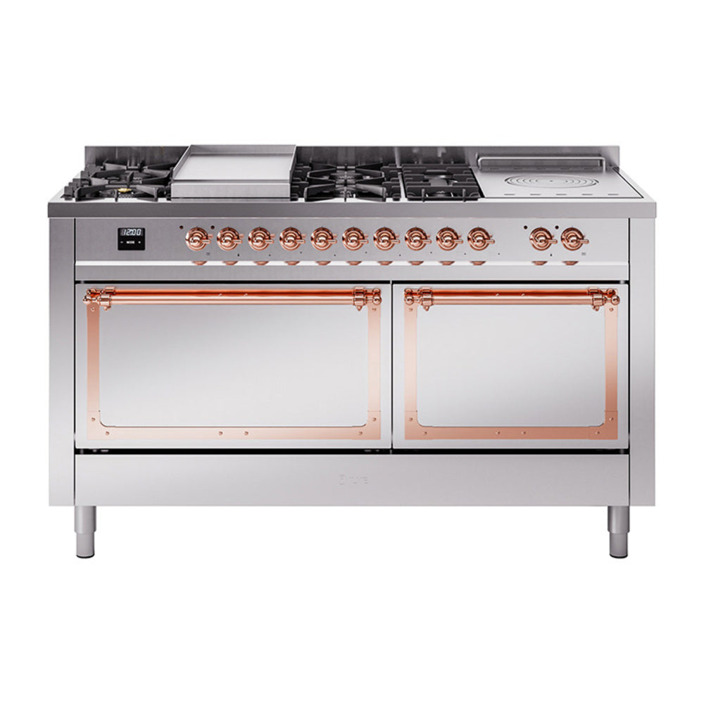 Stainless steel dual fuel range with copper-trimmed control knobs and 7 sealed burners