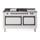 ILVE 60-Inch Nostalgie II Noblesse Propane Gas Dual Fuel Range with 7 Sealed Burners, Gridlde, French Top, and Solid Door Oven in White with Bronze Trim (UN60FSQNMPWHBLP)