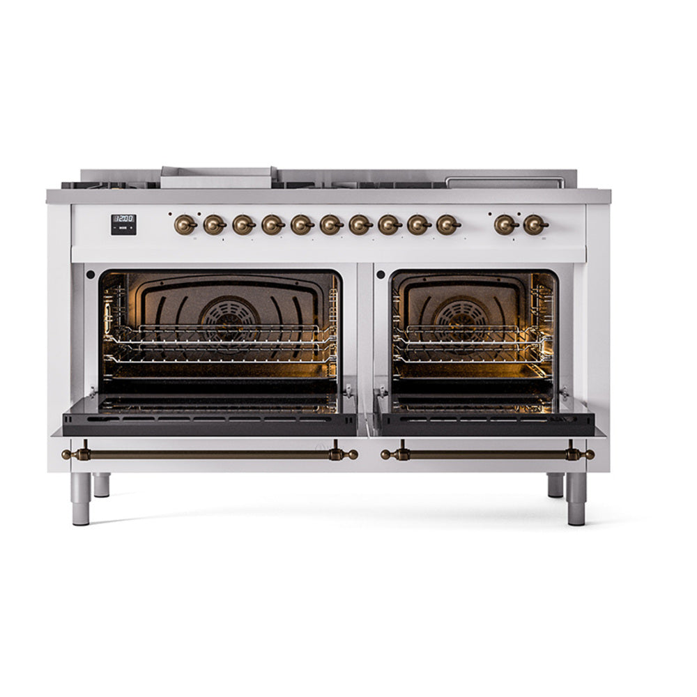 White dual fuel range with oven doors open, visible racks and burner controls