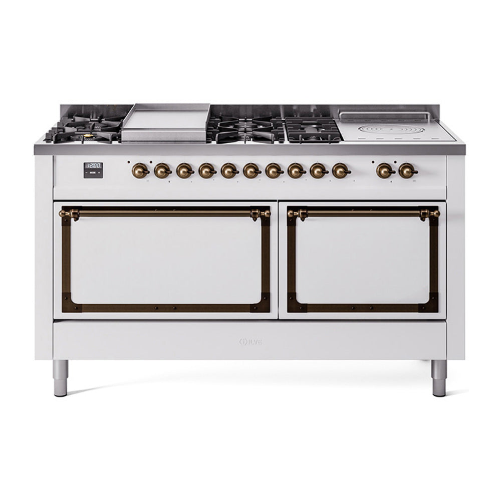 White dual fuel range with bronze trim, gas burners and two oven doors, front view