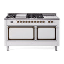 ILVE 60-Inch Nostalgie II Noblesse Natural Gas Dual Fuel Range with 7 Sealed Burners, Gridlde, French Top, and Solid Door Oven in White with Bronze Trim (UN60FSQNMPWHB)