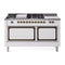 ILVE 60-Inch Nostalgie II Noblesse Natural Gas Dual Fuel Range with 7 Sealed Burners, Gridlde, French Top, and Solid Door Oven in White with Bronze Trim (UN60FSQNMPWHB)