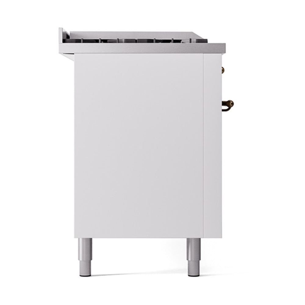 ILVE white dual fuel range rear side panel with bronze hardware and feet