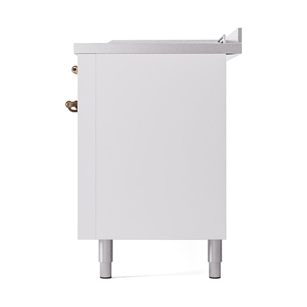 ILVE white dual fuel range back panel with bronze gas fittings and adjustable feet