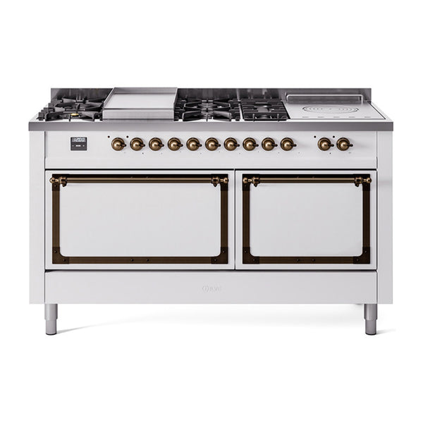 ILVE 60-Inch Nostalgie II Noblesse Dual Fuel Range with 7 Sealed Burners, Gridlde, French Top, and Solid Door Oven in White with Bronze Trim (UN60FSQNMPWHB)