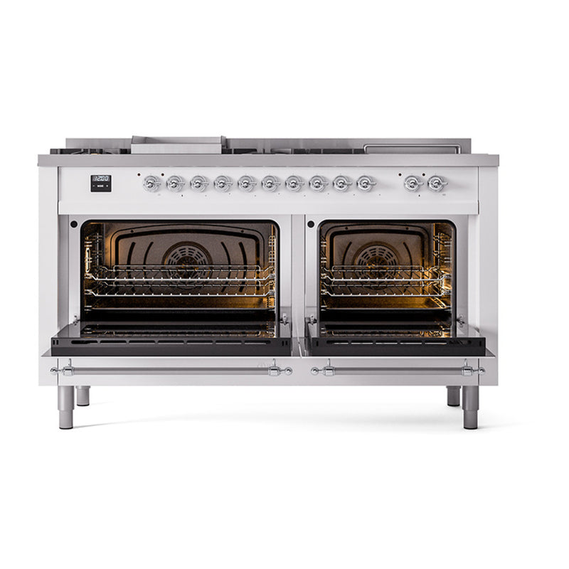 ILVE 60-Inch Nostalgie II Noblesse Dual Fuel Range with 7 Sealed Burners, Gridlde, French Top, and Solid Door Oven in White with Chrome Trim (UN60FSQNMPWHC)