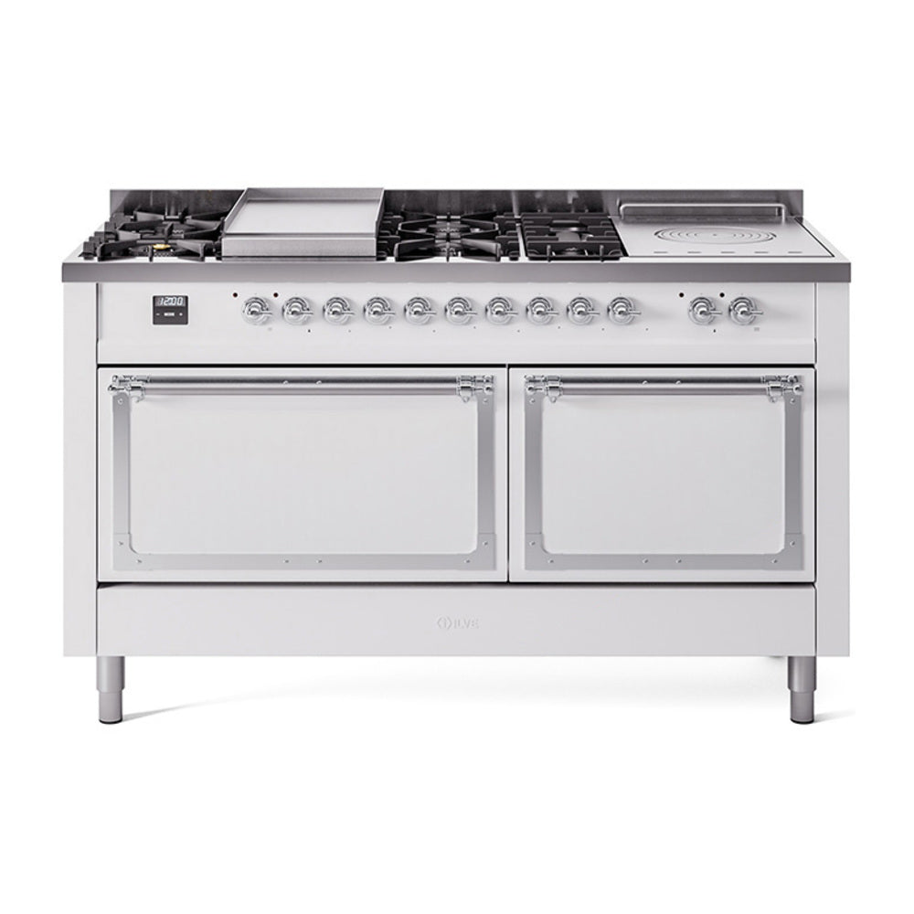 White gas dual fuel range with chrome-trimmed doors and sealed burners on top.