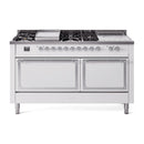 ILVE 60-Inch Nostalgie II Noblesse Natural Gas Dual Fuel Range with 7 Sealed Burners, Gridlde, French Top, and Solid Door Oven in White with Chrome Trim (UN60FSQNMPWHC)