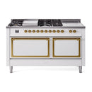ILVE 60-Inch Nostalgie II Noblesse Propane Gas Dual Fuel Range with 7 Sealed Burners, Gridlde, French Top, and Solid Door Oven in White with Brass Trim (UN60FSQNMPWHGLP)