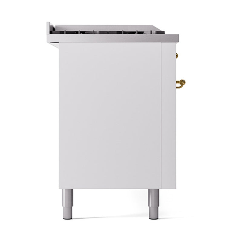 ILVE 60-Inch Nostalgie II Noblesse Dual Fuel Range with 7 Sealed Burners, Gridlde, French Top, and Solid Door Oven in White with Brass Trim (UN60FSQNMPWHG)
