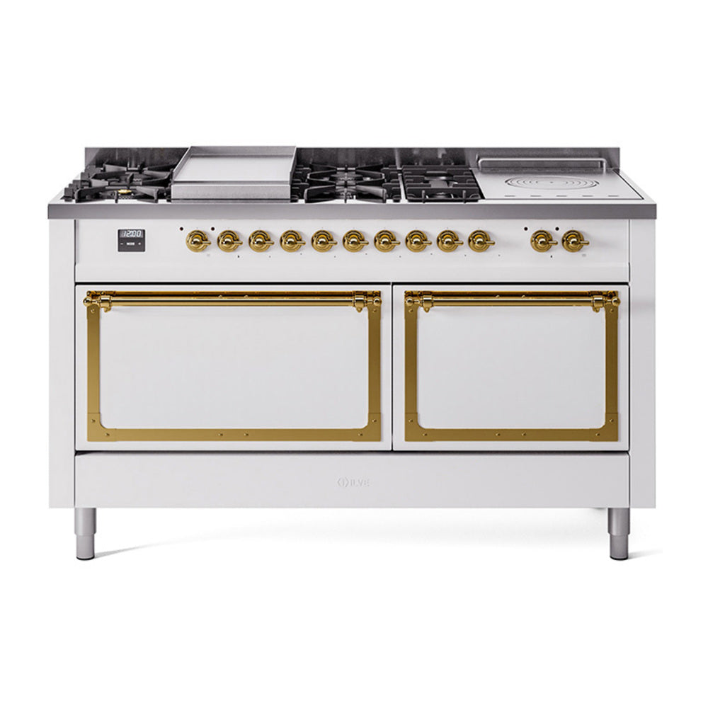 White dual fuel range with brass-trim French-top, sealed burners, and front control knobs