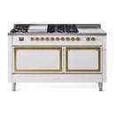 ILVE 60-Inch Nostalgie II Noblesse Natural Gas Dual Fuel Range with 7 Sealed Burners, Gridlde, French Top, and Solid Door Oven in White with Brass Trim (UN60FSQNMPWHG)