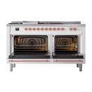 ILVE 60-Inch Nostalgie II Noblesse Propane Gas Dual Fuel Range with 7 Sealed Burners, Gridlde, French Top, and Solid Door Oven in White with Copper Trim (UN60FSQNMPWHPLP)