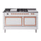 ILVE 60-Inch Nostalgie II Noblesse Dual Fuel Range with 7 Sealed Burners, Gridlde, French Top, and Solid Door Oven in White with Copper Trim (UN60FSQNMPWHP)