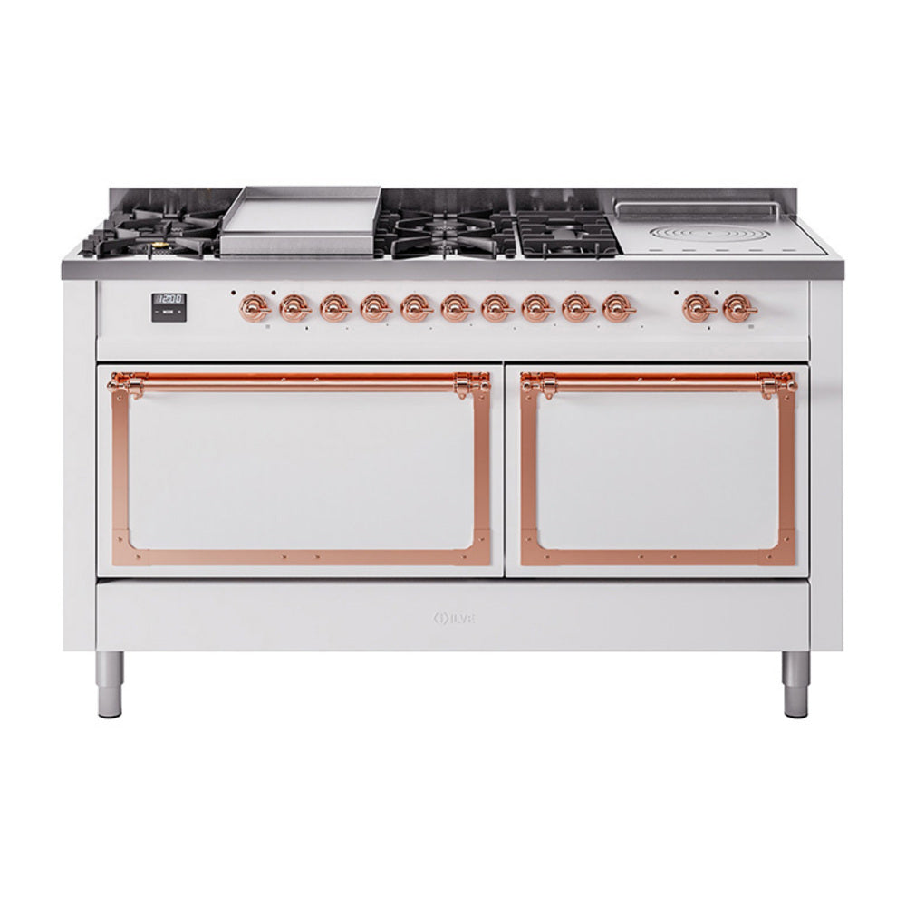 White gas dual-fuel range with copper-trimmed burners, griddle, and French top