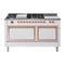 ILVE 60-Inch Nostalgie II Noblesse Natural Gas Dual Fuel Range with 7 Sealed Burners, Gridlde, French Top, and Solid Door Oven in White with Copper Trim (UN60FSQNMPWHP)