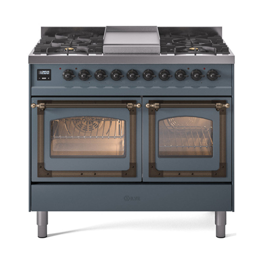 ILVE blue grey dual fuel range with bronze trim, two glass oven doors, and gas cooktop
