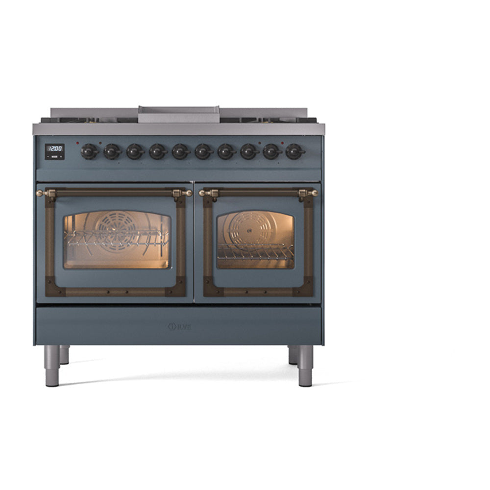 ILVE blue grey dual fuel range with bronze trim, two glass oven doors with warm-lit interiors
