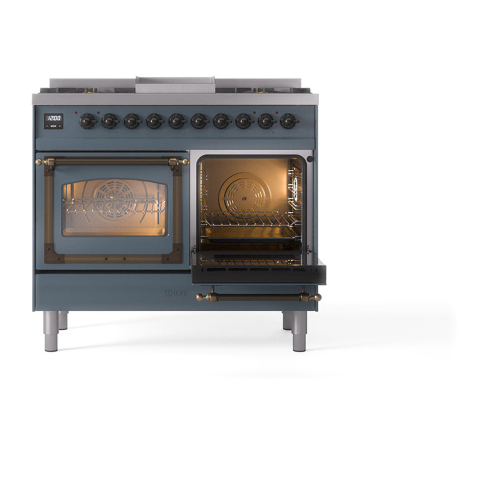 Blue-grey gas range with oven doors open and interior light on, bronze trim