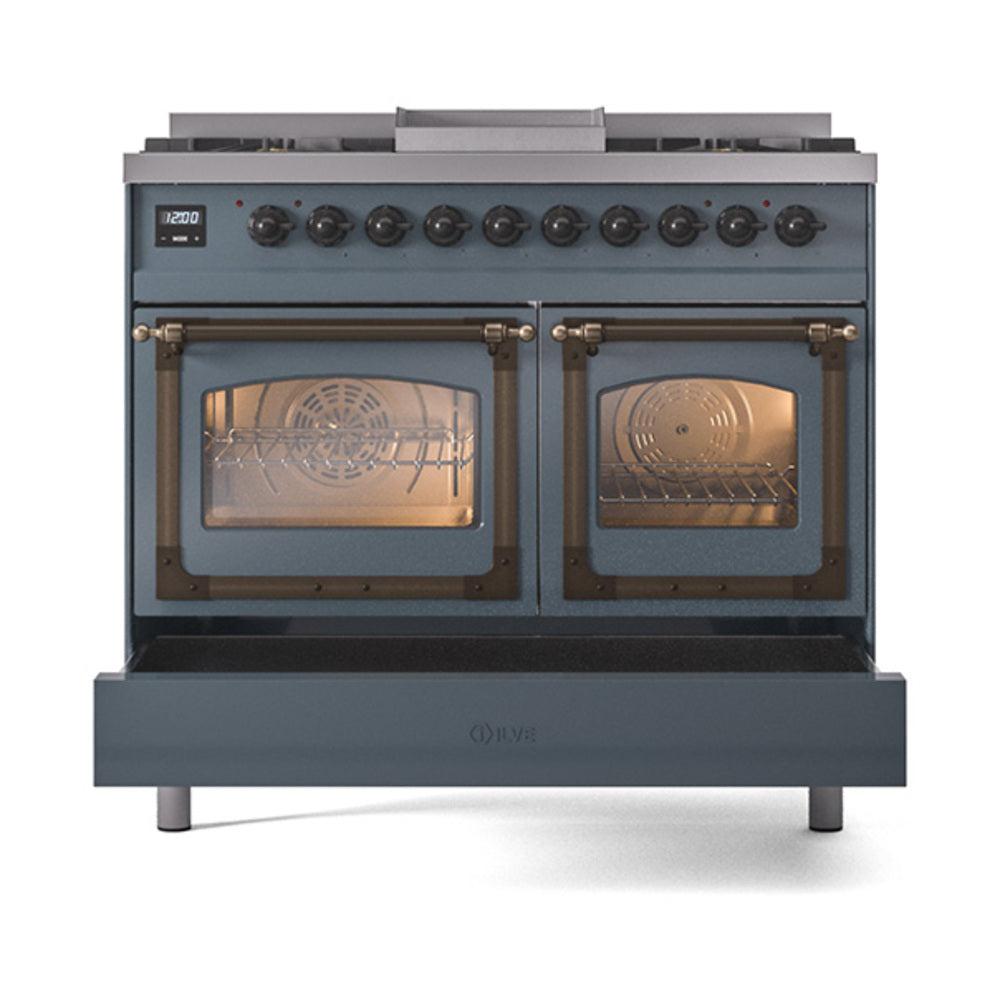 Blue-grey dual fuel gas range with two oven doors and viewing windows, front view