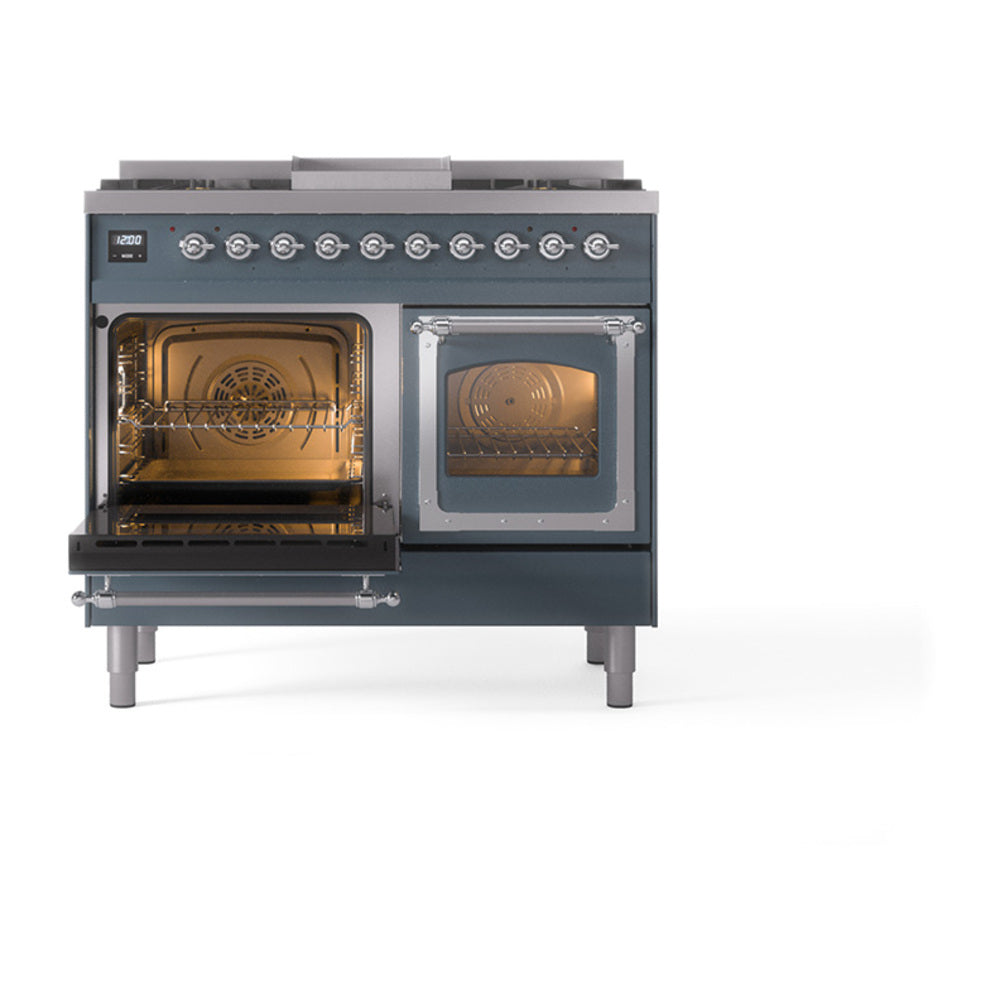 ILVE blue grey dual fuel range with left oven door open and right oven door closed with window