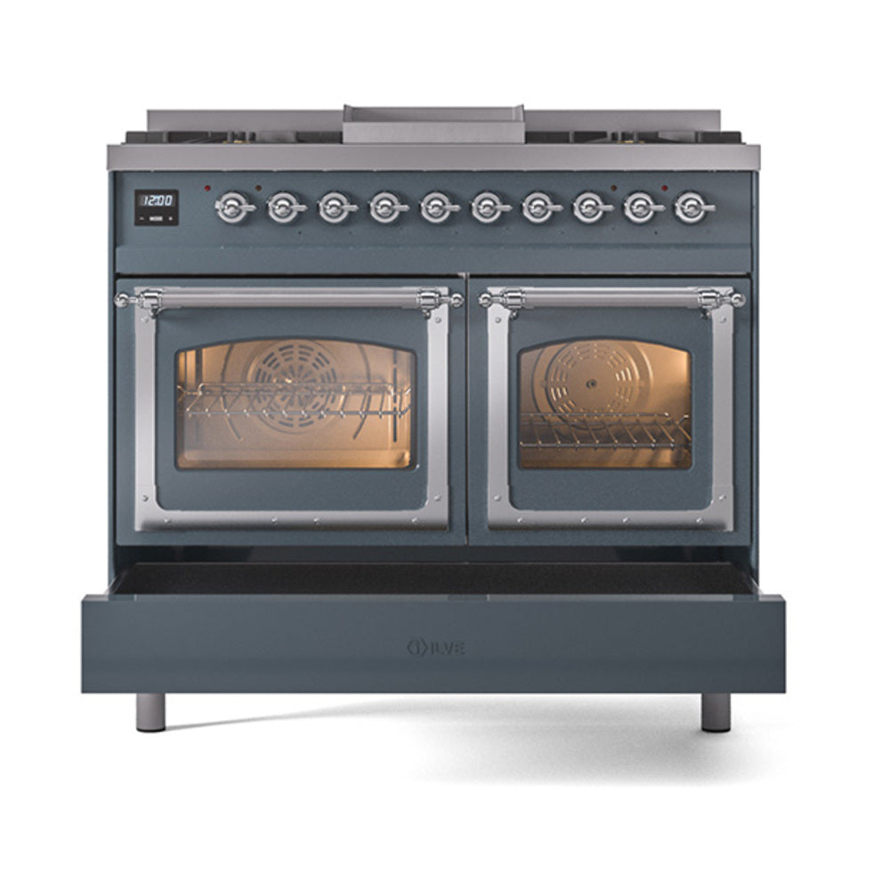 ILVE blue grey dual fuel range with two glass-front ovens, both interiors lit, chrome accents
