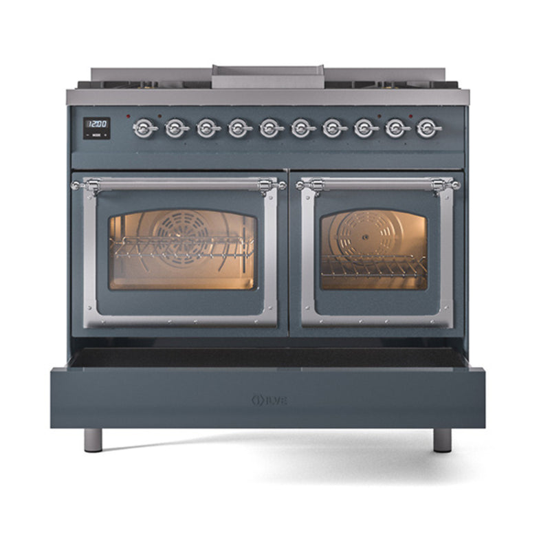 ILVE 40-Inch Nostalgie II Noblesse Dual Fuel Range with Triple Glass Door Oven in Blue Grey with Chrome Trim (UND40FNMPBGC)