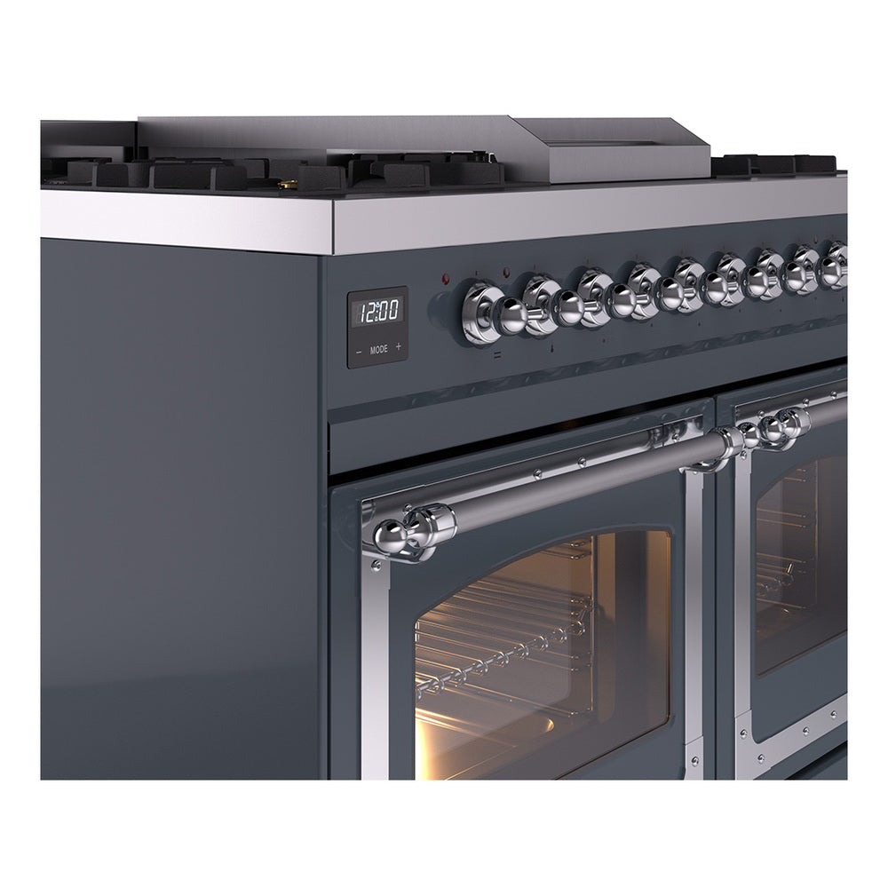 ILVE blue grey range close-up of control knobs and open oven door with lit interior rack