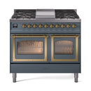 ILVE 40-Inch Nostalgie II Noblesse Natural Gas Dual Fuel Range with Triple Glass Door Oven in Blue Grey with Brass Trim (UND40FNMPBGG)