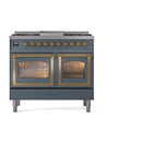 ILVE 40-Inch Nostalgie II Noblesse Natural Gas Dual Fuel Range with Triple Glass Door Oven in Blue Grey with Brass Trim (UND40FNMPBGG)