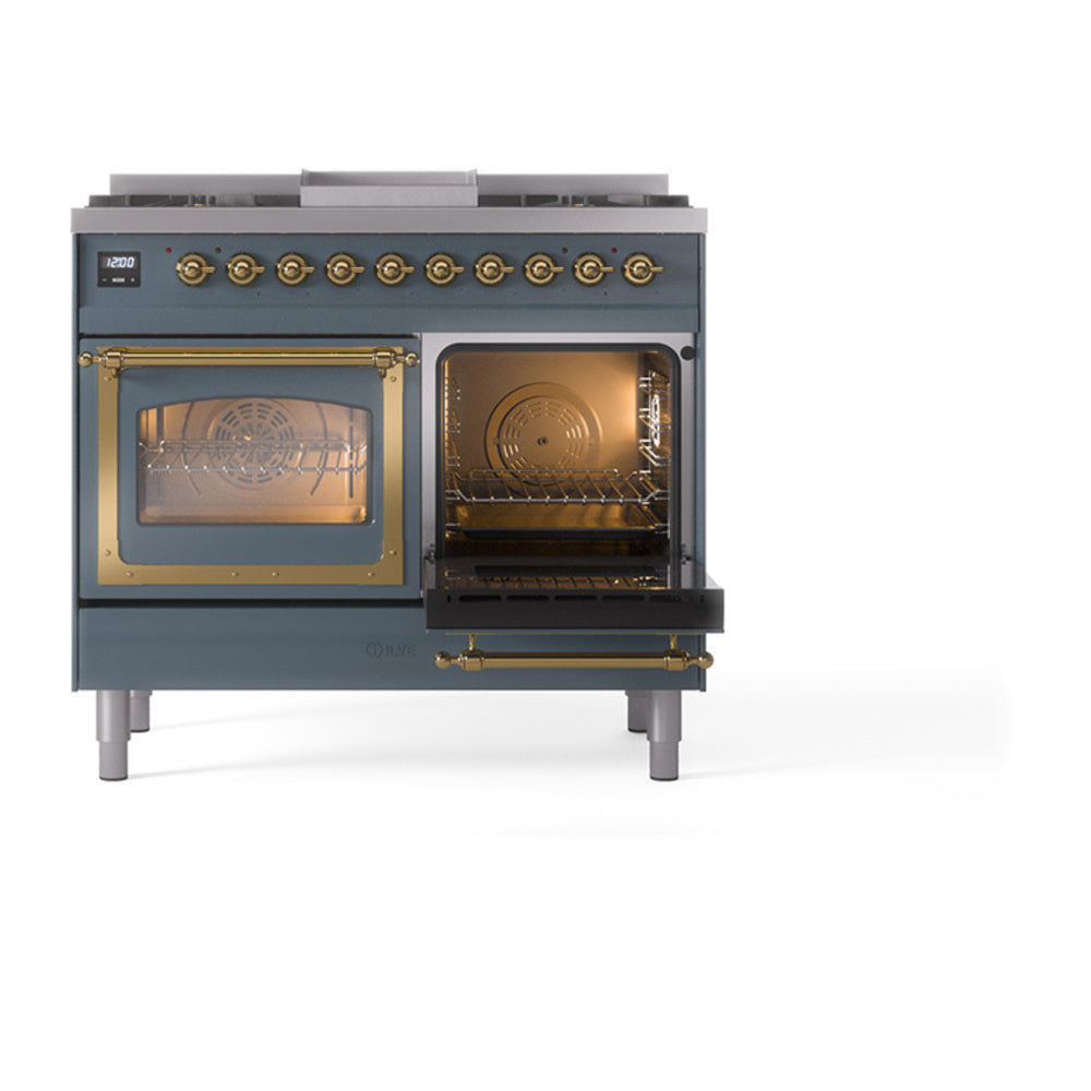 ILVE blue grey dual fuel range with right oven open, brass handle, and glass door window