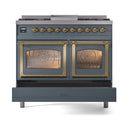 ILVE 40-Inch Nostalgie II Noblesse Dual Fuel Range with Triple Glass Door Oven in Blue Grey with Brass Trim (UND40FNMPBGG)