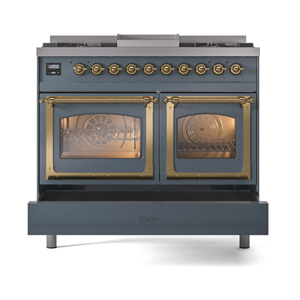 ILVE blue grey dual fuel range front view with dual glass oven doors and brass trim