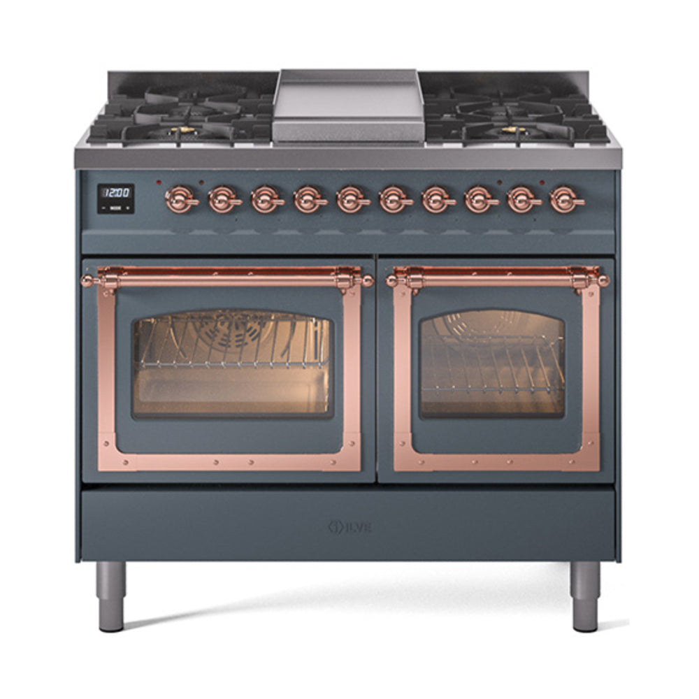 Blue gray dual fuel range with both oven doors open, copper handles and glowing interior.