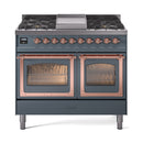 ILVE 40-Inch Nostalgie II Noblesse Natural Gas Dual Fuel Range with Triple Glass Door Oven in Blue Grey with Copper Trim (UND40FNMPBGP)