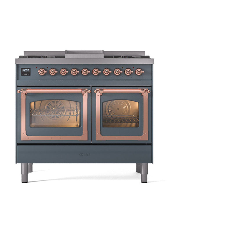 Blue grey gas range with copper-trim accents and two glass oven doors