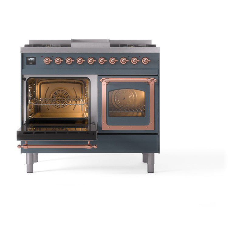 Blue grey gas range with copper-trim accents, one oven door open, burners on top