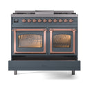 ILVE 40-Inch Nostalgie II Noblesse Propane Gas Dual Fuel Range with Triple Glass Door Oven in Blue Grey with Copper Trim (UND40FNMPBGPLP)