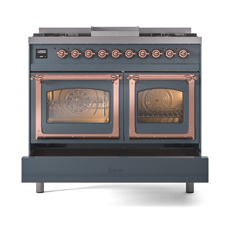 Blue grey gas range with copper-trim oven doors and decorative control knobs