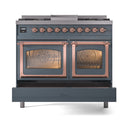 ILVE 40-Inch Nostalgie II Noblesse Natural Gas Dual Fuel Range with Triple Glass Door Oven in Blue Grey with Copper Trim (UND40FNMPBGP)