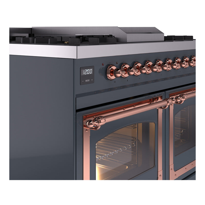Blue grey range control panel with copper knobs and open oven door window