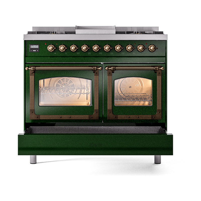 Emerald green dual fuel range front with triple-glass oven doors and bronze trim