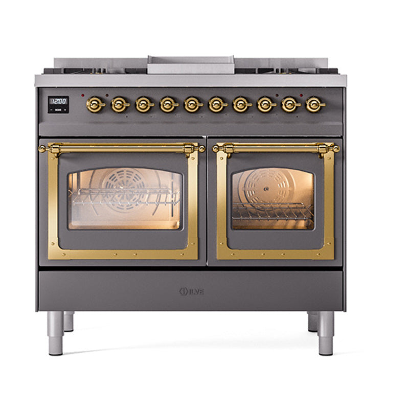 ILVE dual fuel range front view with matte graphite body and brass-framed glass oven doors