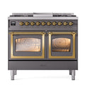 ILVE 40-Inch Nostalgie II Noblesse Natural Gas Dual Fuel Range with Triple Glass Door Oven in Matte Graphite with Brass Trim (UND40FNMPMGG)
