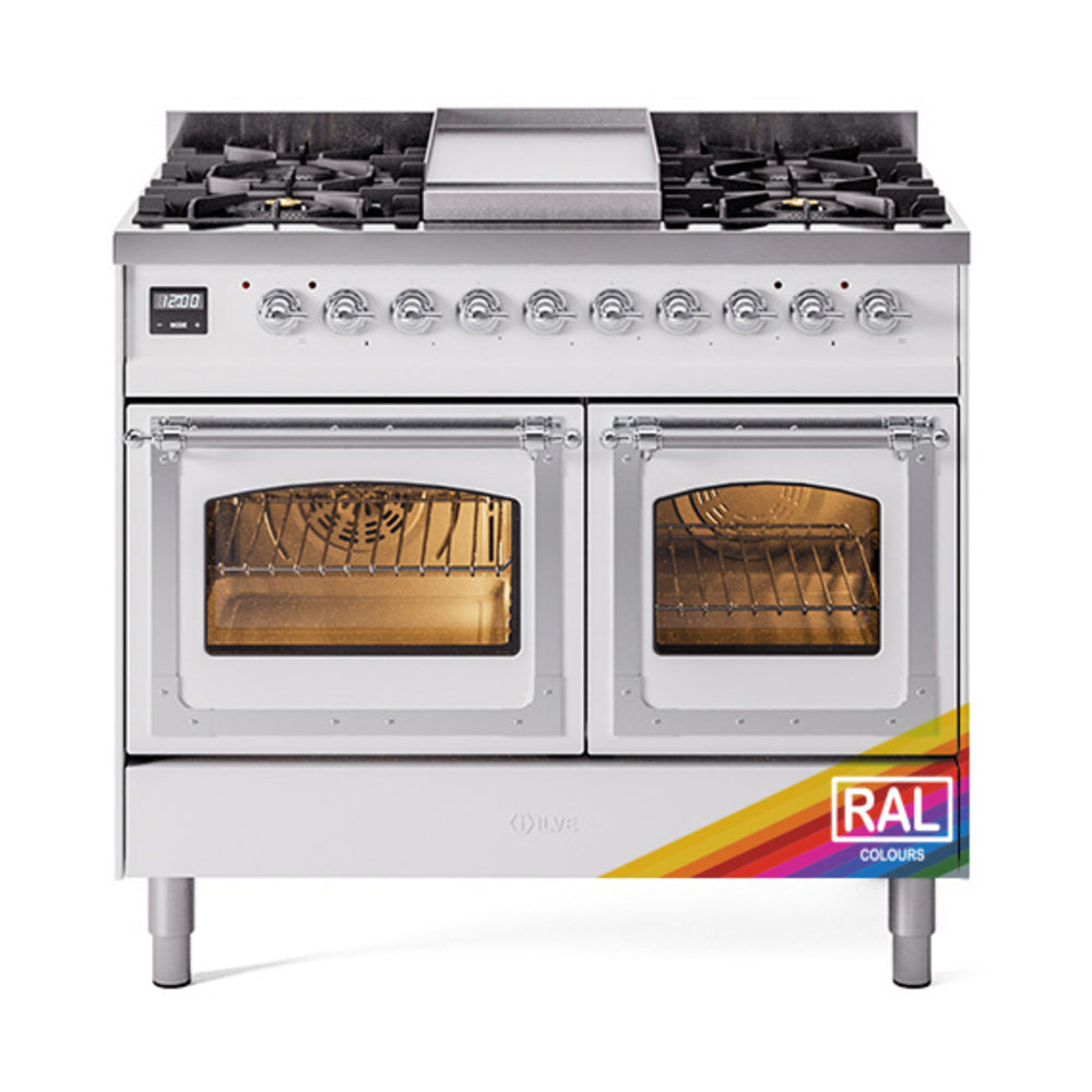 ILVE dual fuel gas range with three glass oven doors and chrome-trim control panel